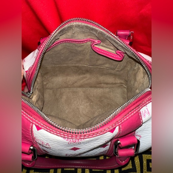 Red and White MCM Small Boston Satchel Bag w/ Brown Suede liner. MCM Monogram - Picture 15 of 16